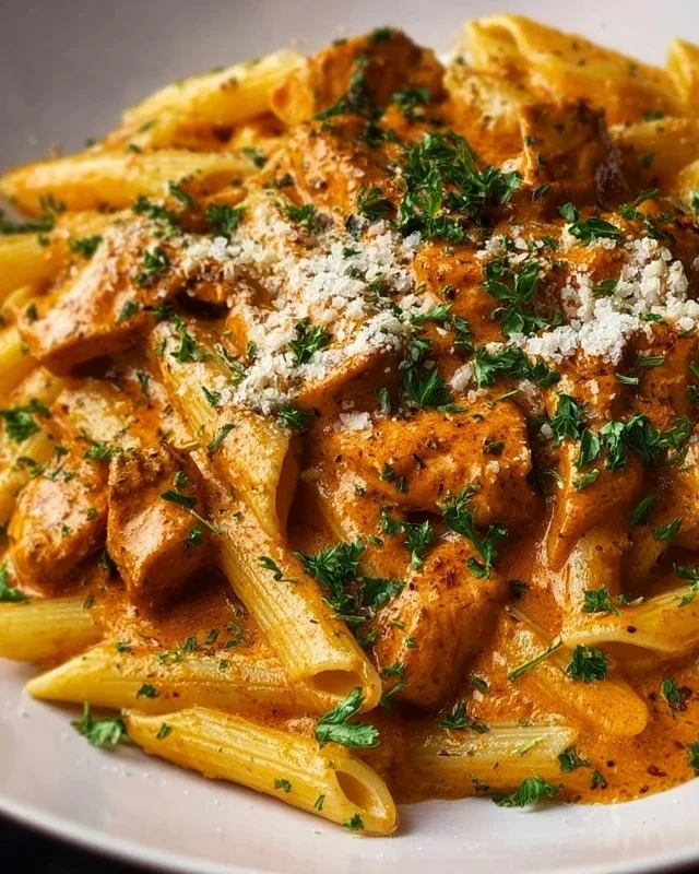Plate of Cowboy Butter Chicken Pasta garnished with herbs.