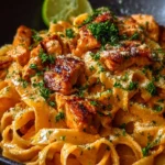 Cowboy butter chicken pasta served in a bowl with herbs and spices.