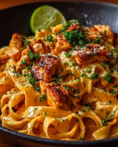 Cowboy butter chicken pasta served in a bowl with herbs and spices.