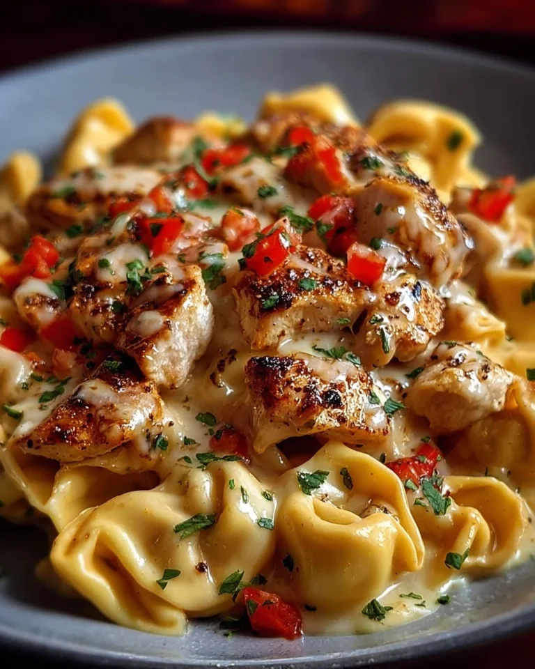 Cowboy Butter Garlic Chicken Tortellini with fire-roasted red peppers on a plate