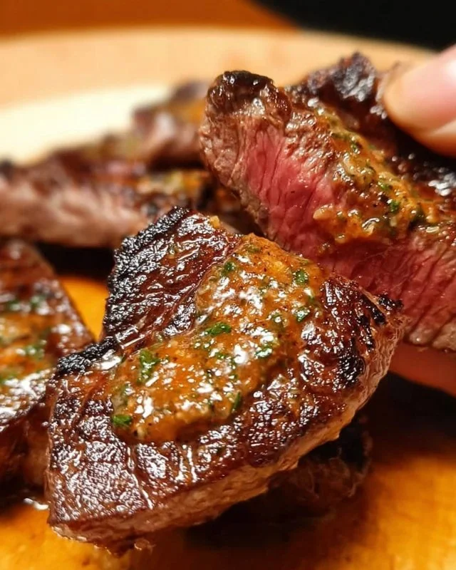 Juicy Cowboy Butter Steak garnished with herbs and served on a wooden board