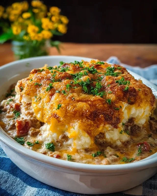 Delicious Cowboy Casserole topped with cheese and surrounded by fresh ingredients.