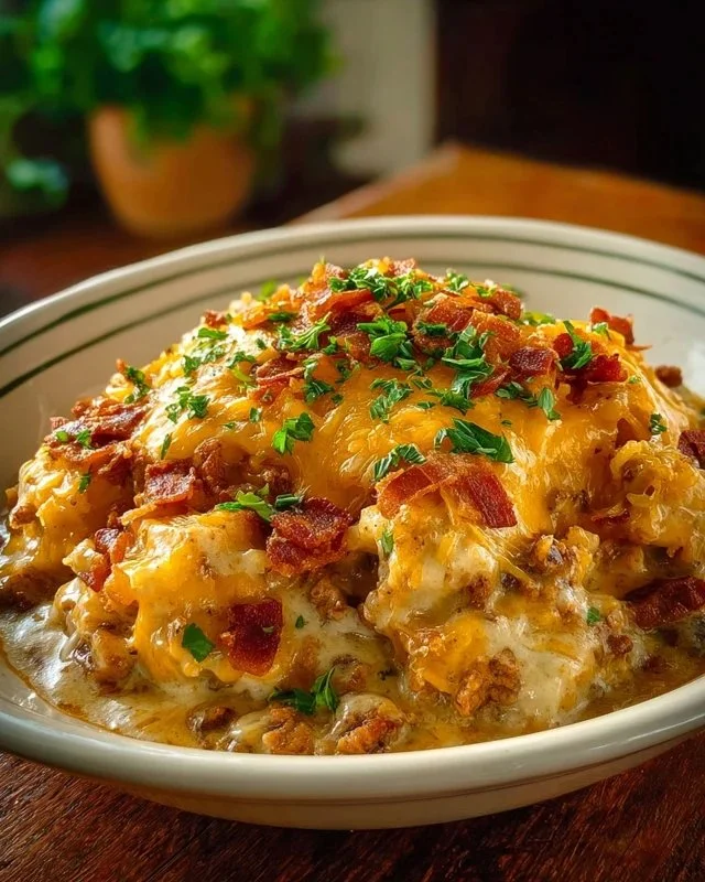 A hearty serving of Cowboy Casserole topped with cheese and garnished with green onions.