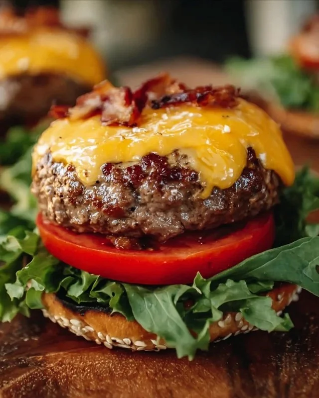 Juicy Crack Burgers on a grill, ready to be served with fresh toppings.