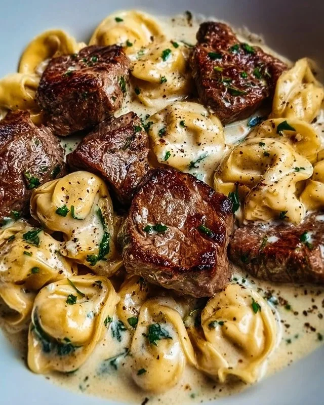 Cracked Garlic Steak Tortellini served in creamy sauce