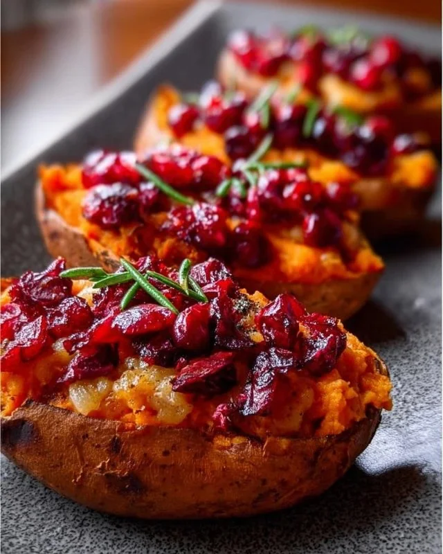 Cranberry apple twice-baked sweet potatoes topped with herbs and spices
