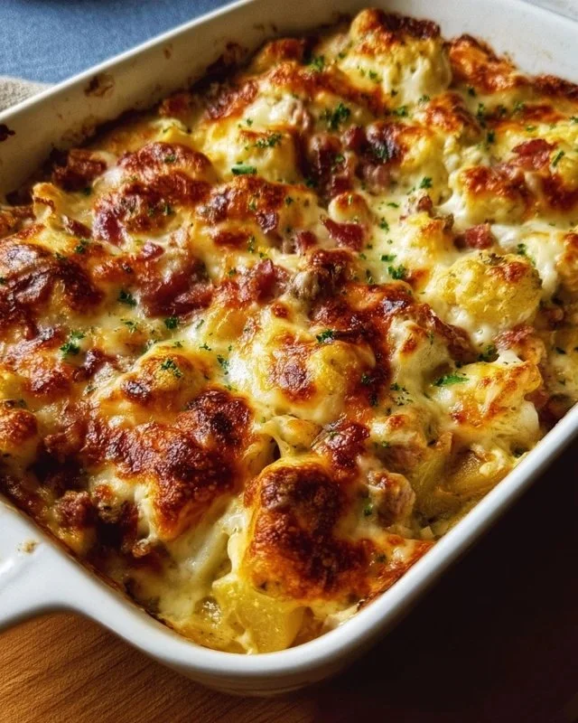Delicious Crazy Good Casserole topped with cheese and vegetables in a baking dish.