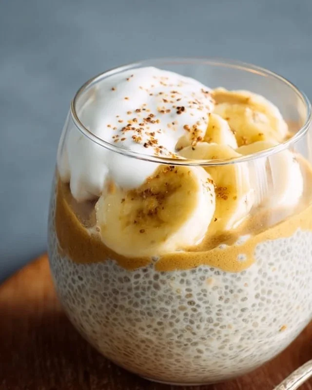 Delicious creamy banana chia pudding topped with fresh banana slices.