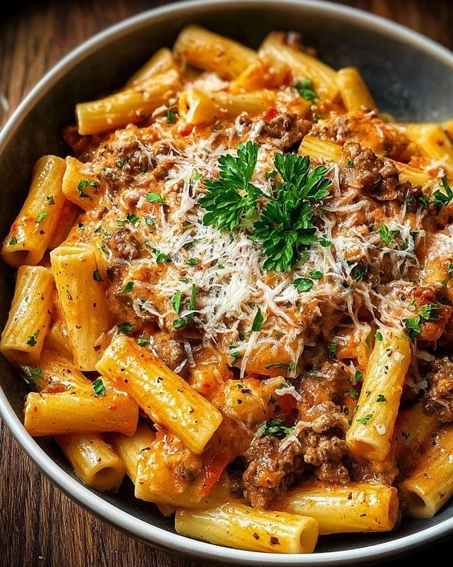 Delicious creamy beef pasta dish served in a bowl with herbs