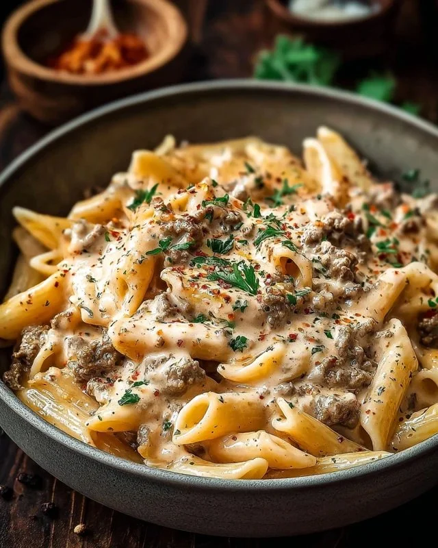 Delicious creamy beef pasta topped with herbs and cheese