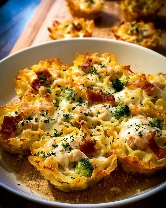 Creamy chicken and broccoli pasta bake in a baking dish