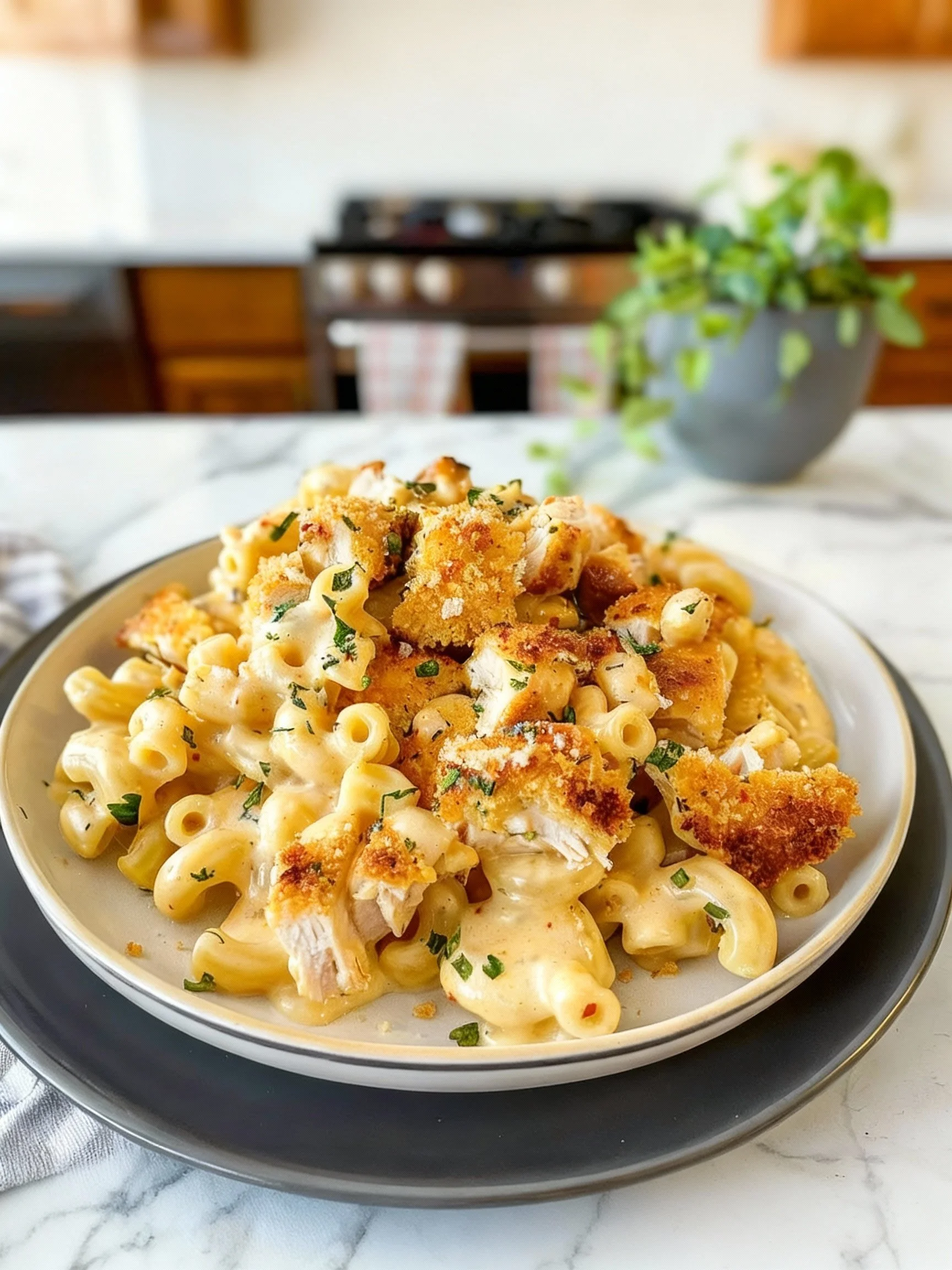 Bowl of creamy chicken mac and cheese topped with cheese and herbs