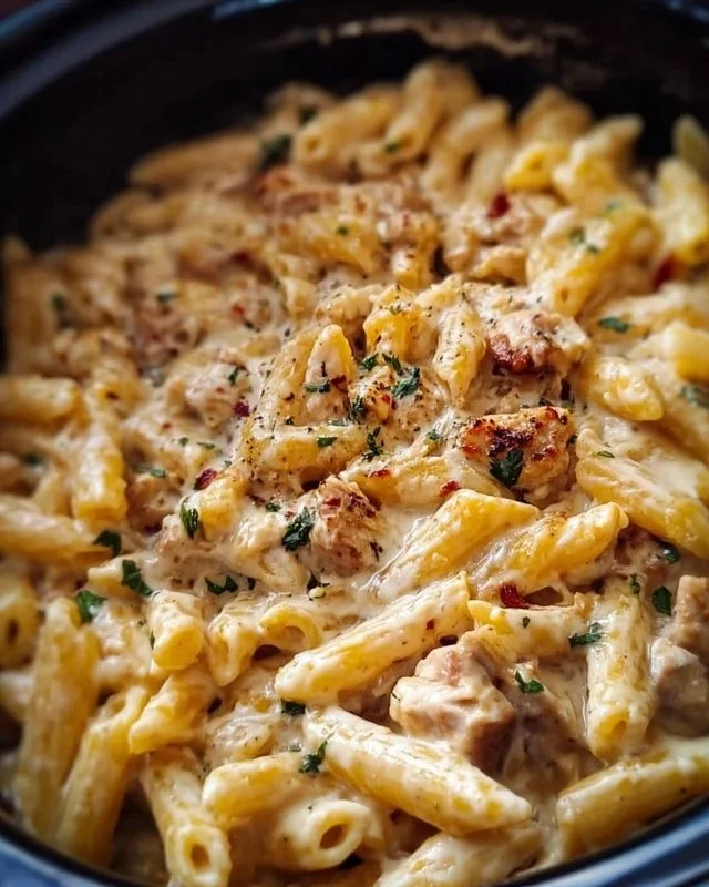 Creamy chicken pasta made in a crockpot, featuring tender chicken and rich sauce.