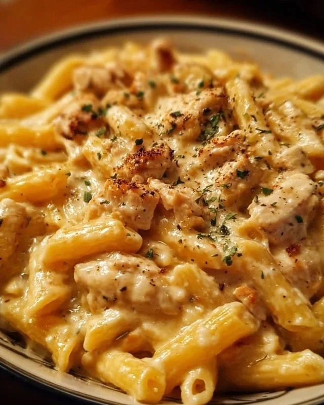 Creamy chicken pasta dish prepared in a crockpot