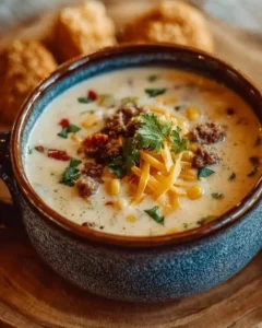 Creamy Cowboy Soup in a bowl, topped with fresh herbs and ingredients.