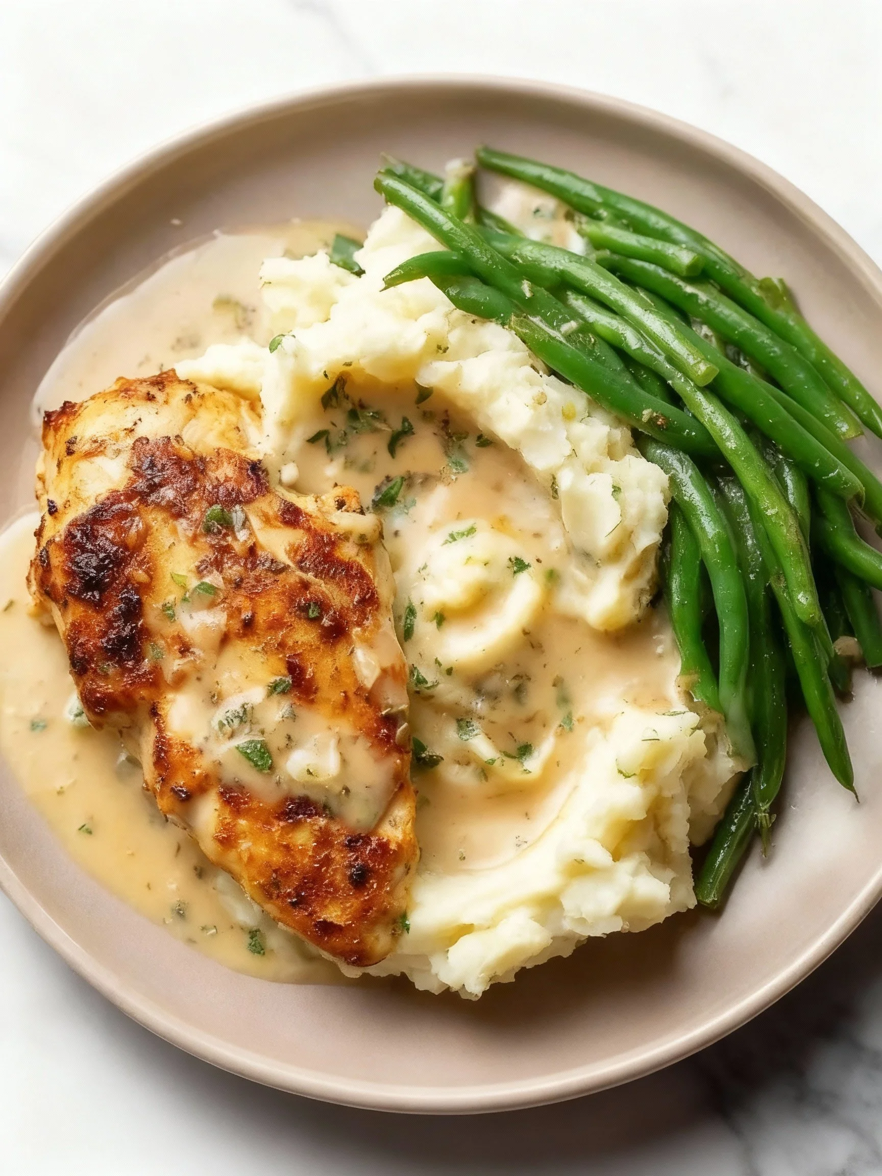 Creamy Garlic Parmesan Chicken Breast dish garnished with herbs