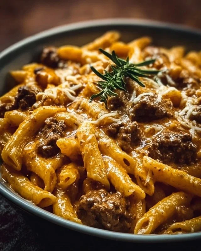 Creamy high protein beef pasta dish served in a bowl