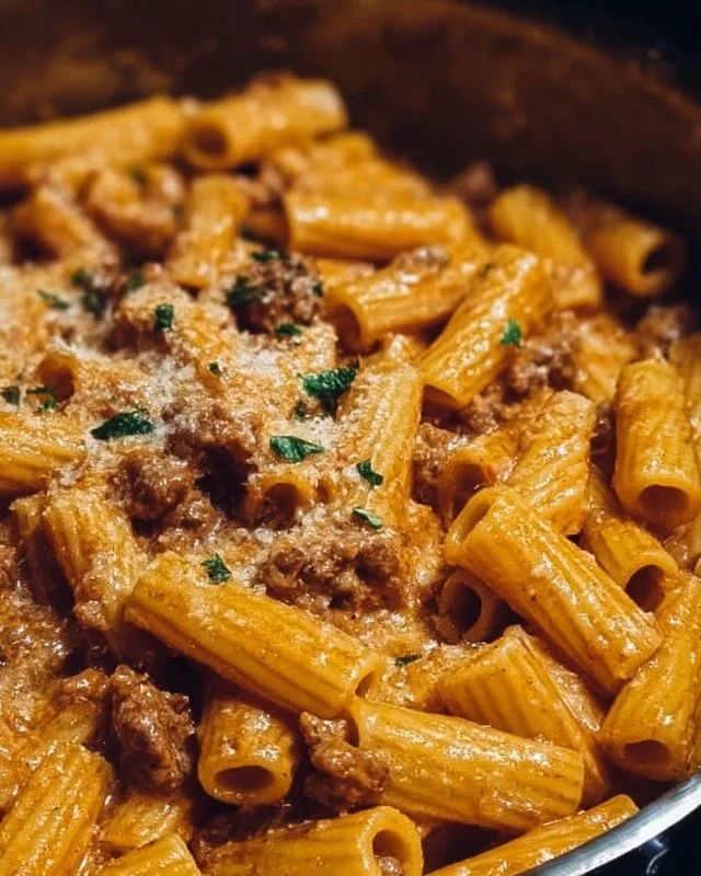 Creamy Italian sausage rigatoni served in a bowl with grated cheese and herbs