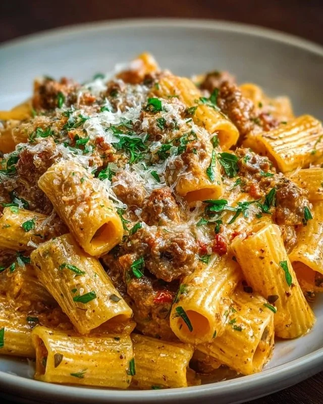 Creamy Italian Sausage Rigatoni topped with parsley in a white bowl