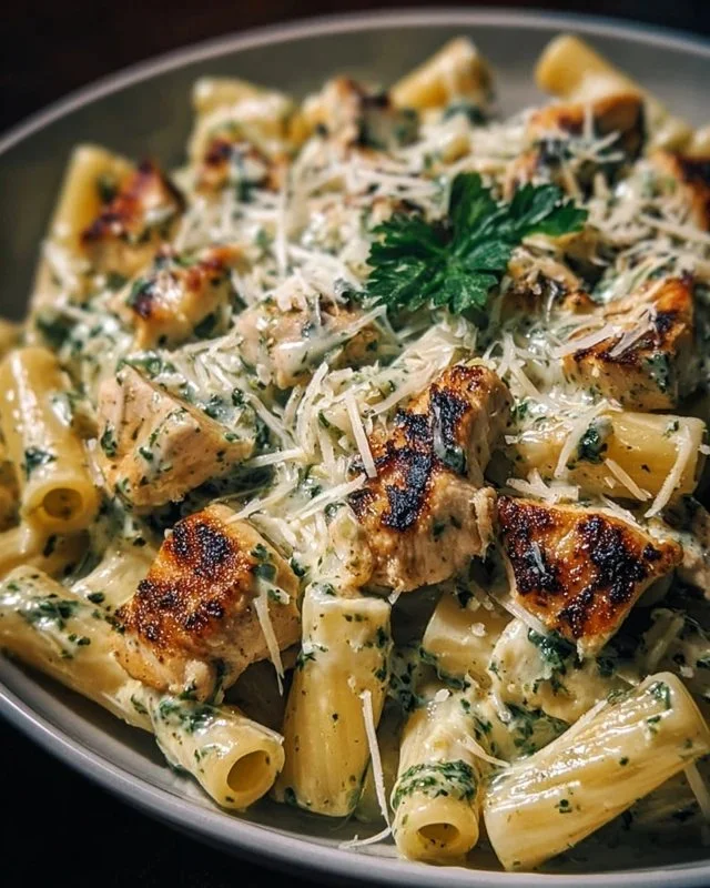 Creamy pesto chicken pasta dish garnished with fresh basil and parmesan cheese.
