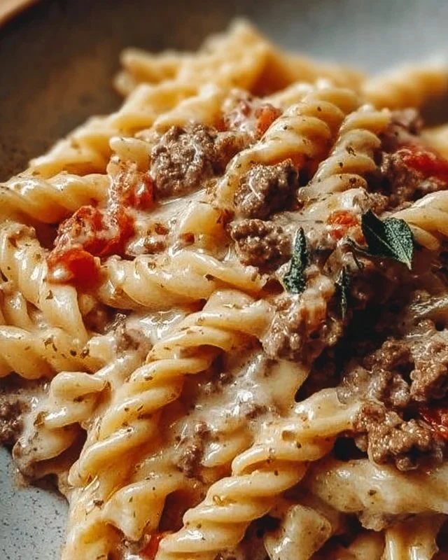Creamy Rotel pasta with ground beef served in a cozy dinner setting