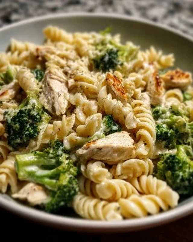 Creamy rotisserie chicken broccoli pasta dish served in a bowl