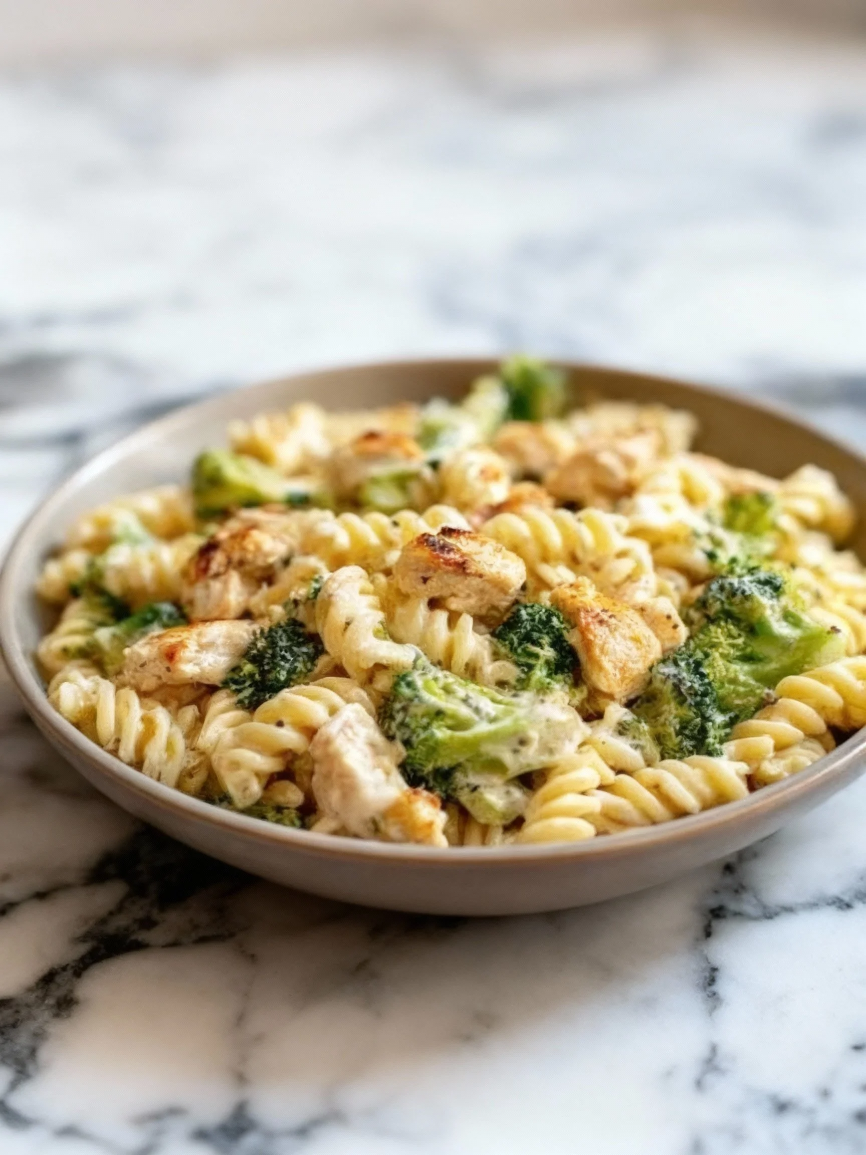 Creamy rotisserie chicken pasta with broccoli in a bowl