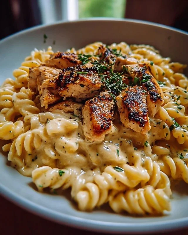 Creamy rotisserie chicken pasta dish with vegetables and herbs