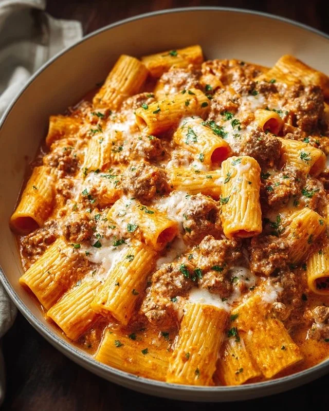 Creamy sausage rigatoni dish in a one-pan recipe, ready in 30 minutes.
