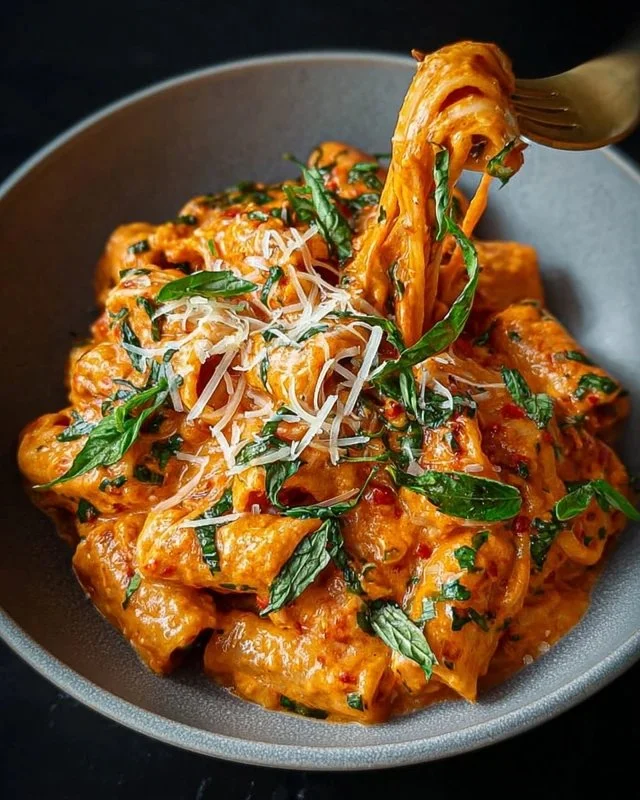 Creamy tomato garlic pasta served in a bowl with fresh herbs