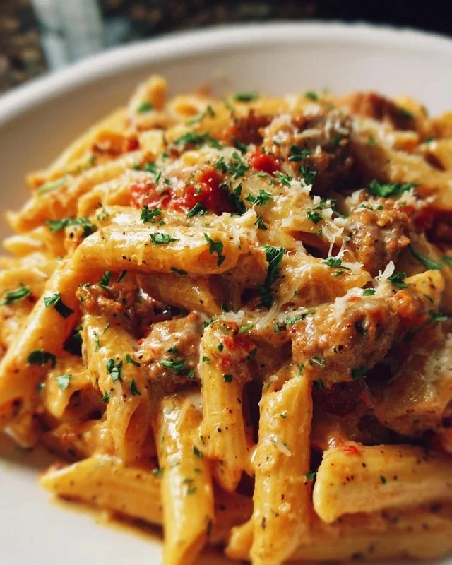 Creamy Tuscan sausage pasta in a bowl, garnished with herbs.