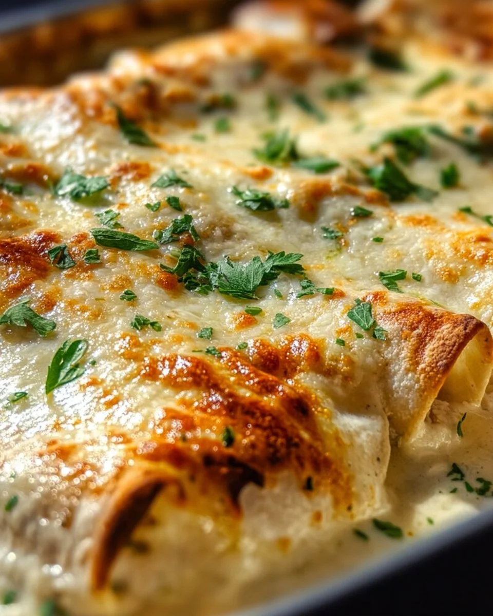 Delicious creamy white chicken enchiladas topped with cheese and herbs