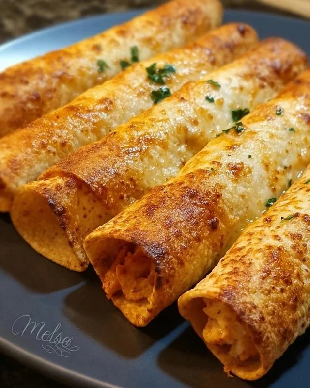 Plate of crispy baked chicken taquitos served with dipping sauce