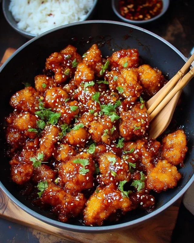 Crispy honey garlic chicken served with vegetables on a plate