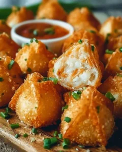 Crispy crab rangoon bombs placed on a serving platter for a gathering