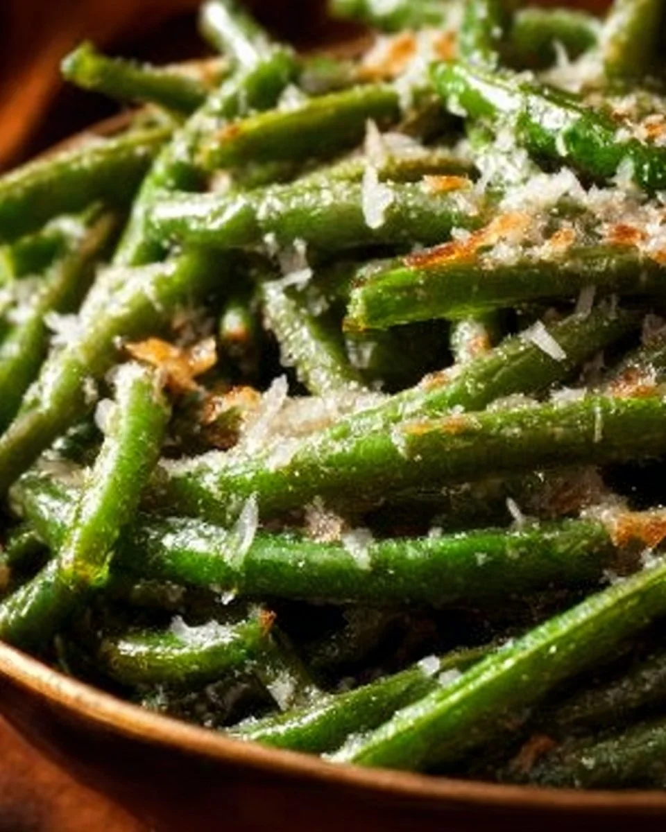 Crispy garlic parmesan roasted green beans with seasoning on a platter