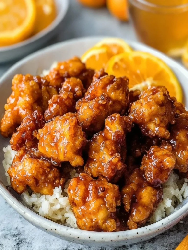 Delicious crispy orange chicken served on a plate with vibrant orange sauce.
