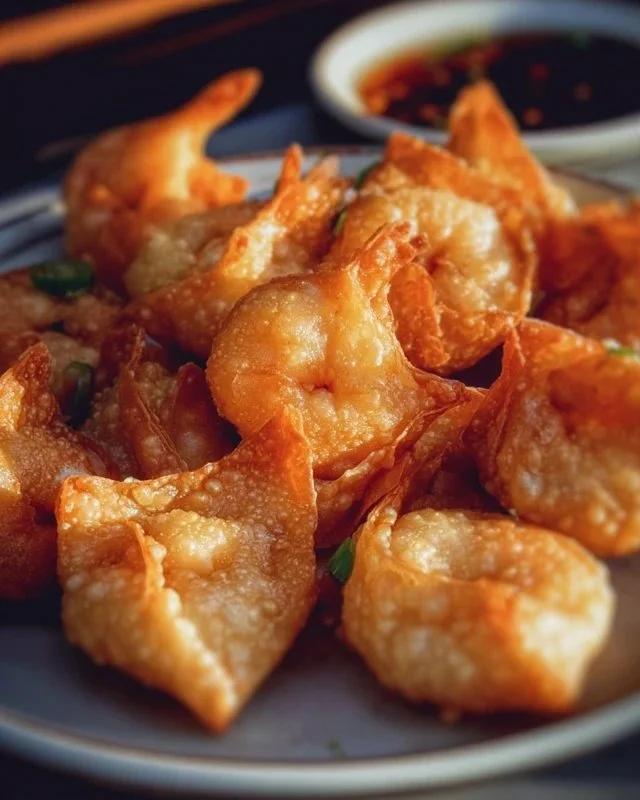 Crispy wonton-wrapped shrimp appetizer served with dipping sauce