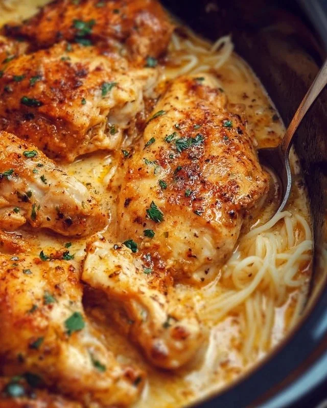 Crock Pot Angel Chicken dish served with sides, showcasing tender chicken and creamy sauce.