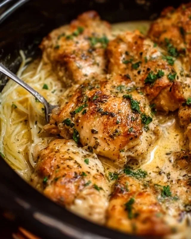 Crock Pot Angel Chicken dish served in a bowl with herbs and sauces