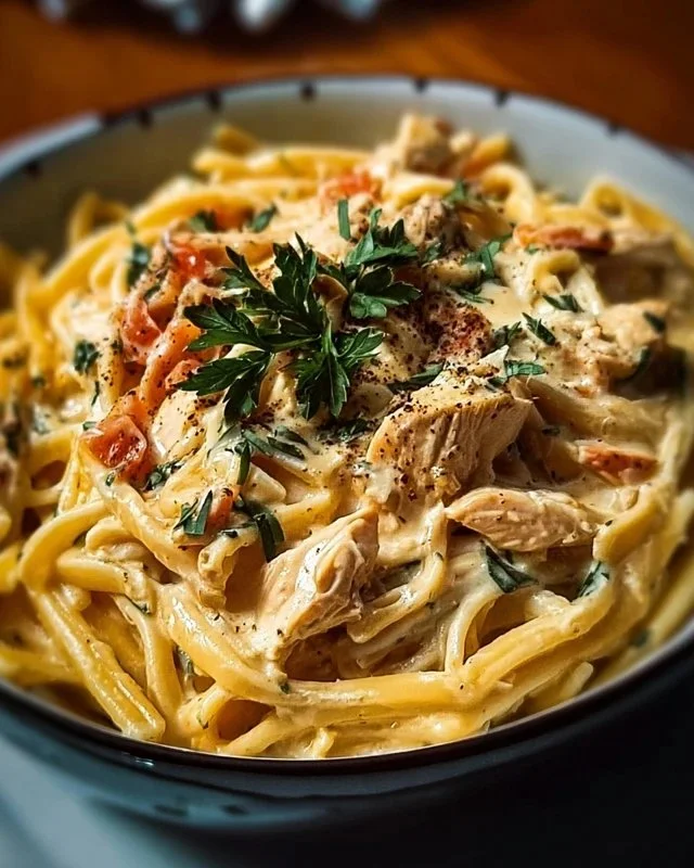 Delicious Crock Pot Creamy Cajun Chicken Pasta served with herbs.