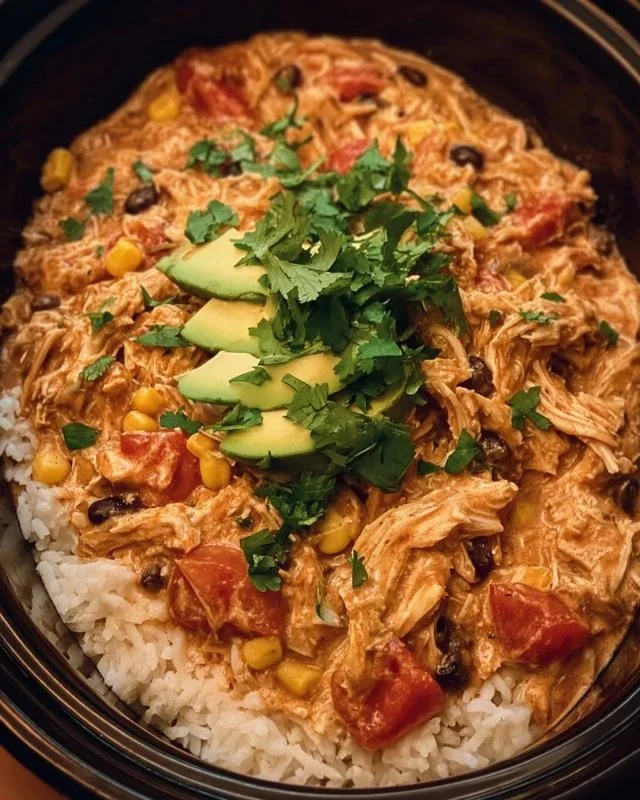 Crock Pot Fiesta Chicken served with colorful vegetables and spices.