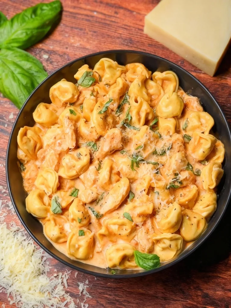 Delicious CrockPot Chicken Tortellini in a serving bowl