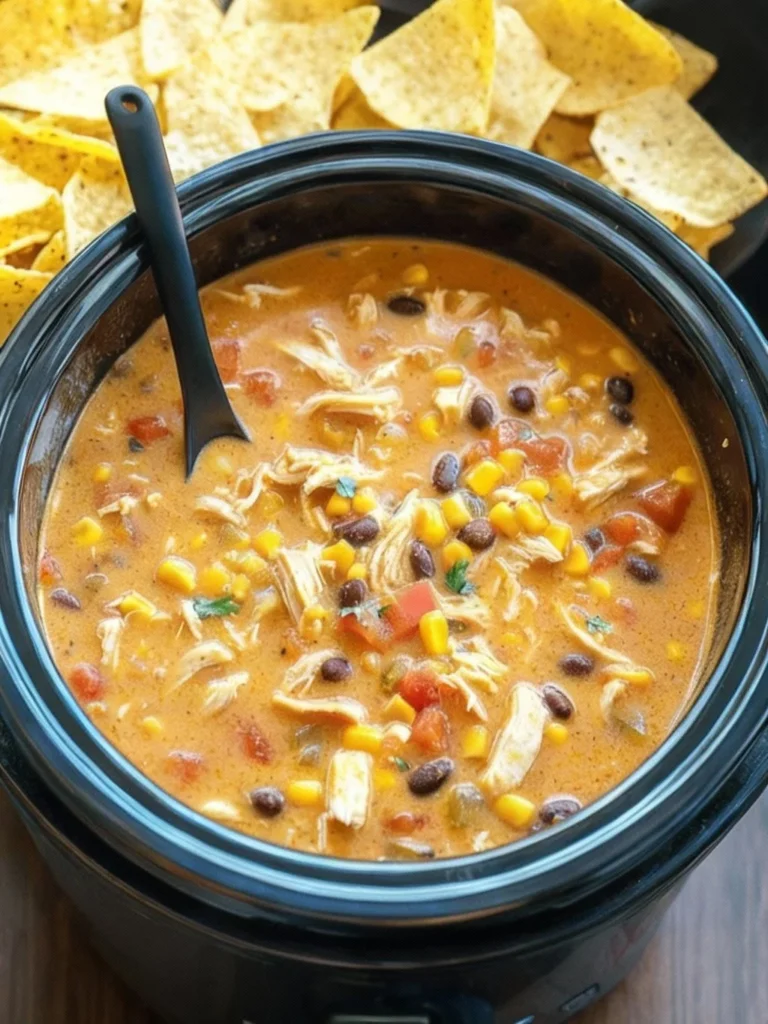 Crockpot Chicken Tortilla Soup served in a bowl with tortilla strips and toppings.