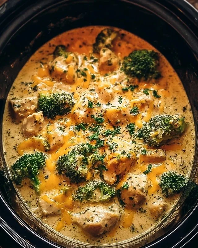 Crockpot creamy broccoli cheddar chicken served in a bowl with vegetables