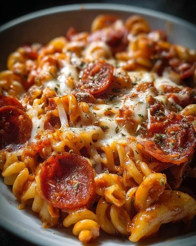 Crockpot Pizza Pasta dish with melted cheese and vibrant toppings in a bowl.