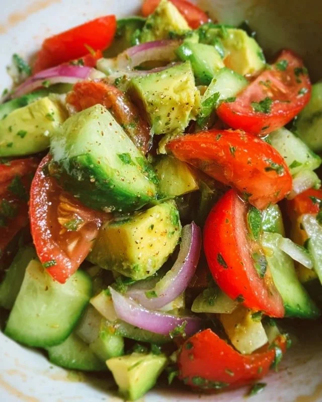 Fresh Cucumber Tomato Avocado Salad with vibrant vegetables and healthy ingredients.