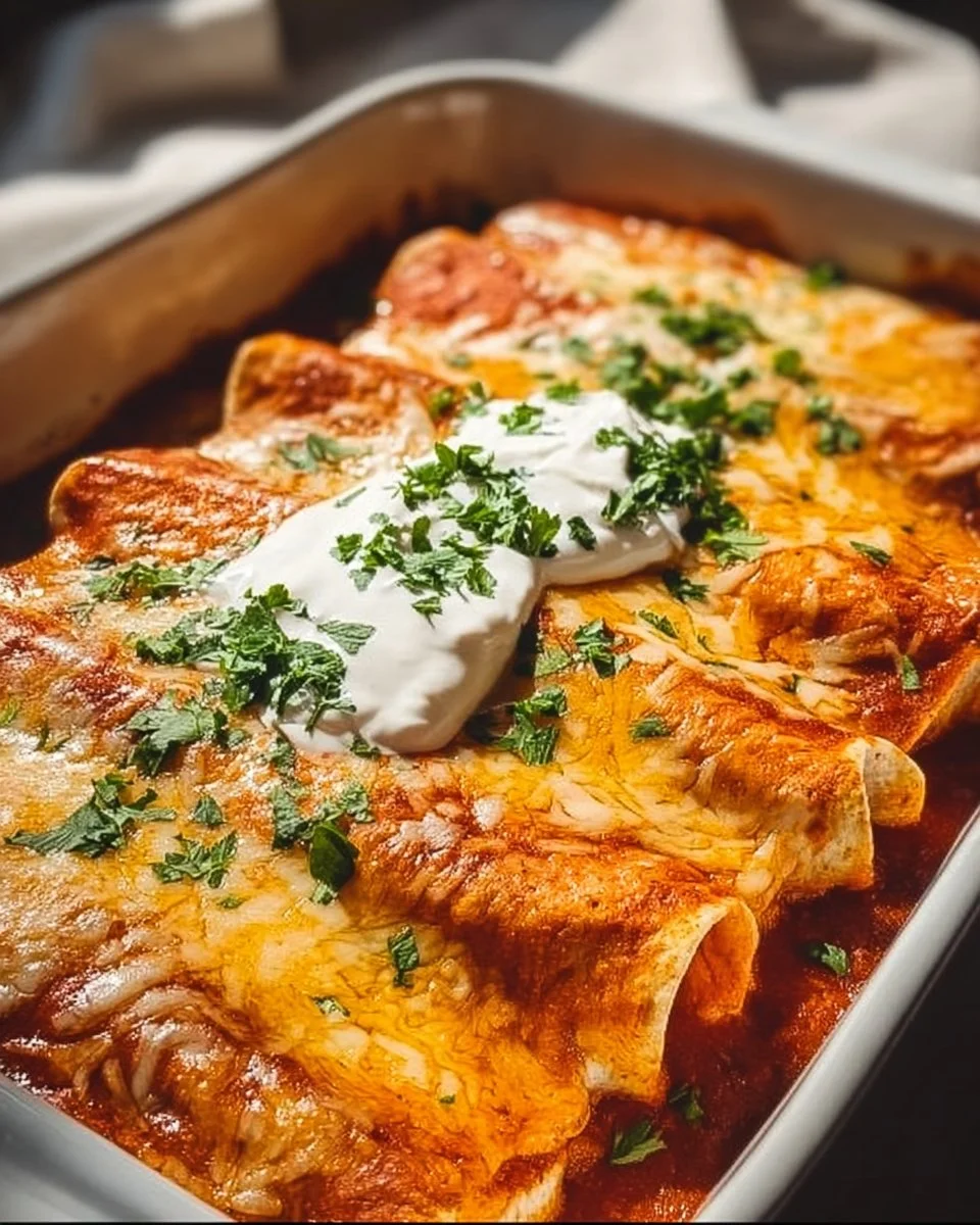 Plate of delicious chicken enchiladas topped with cheese and cilantro