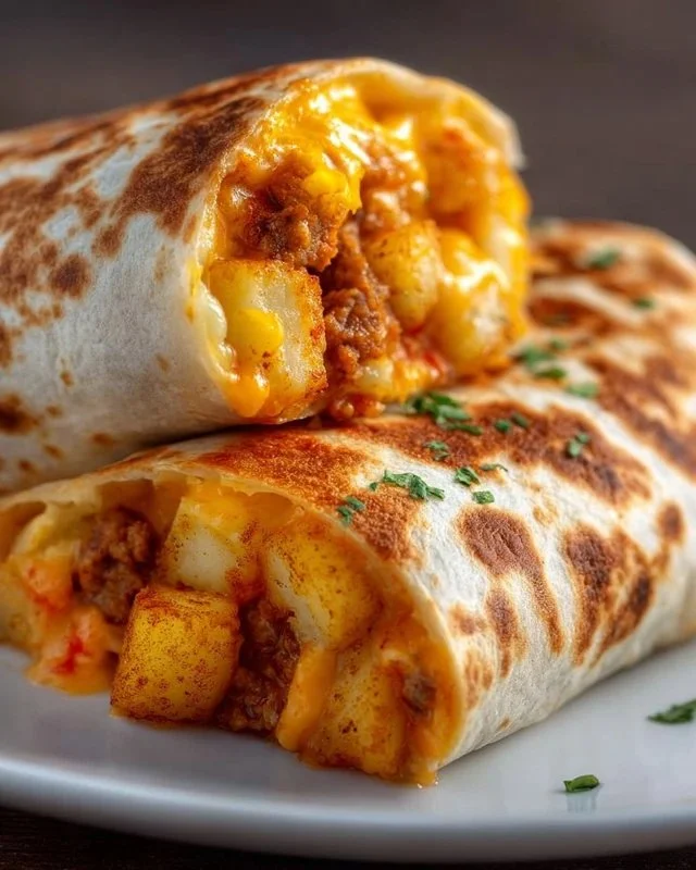 Delicious easy cheesy potato burritos ready to serve