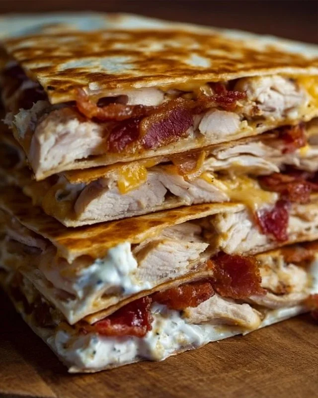 Delicious easy Chicken Bacon Ranch Quesadilla served with dipping sauce